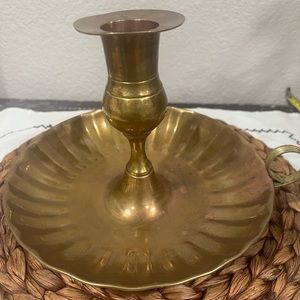 Vtg  MCM Brass Chamberstick Candle Holder 6”h X 9"w Beautiful Patina